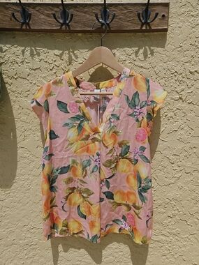 Joie Pink Citrus Fruit Print V-Neck Blouse Flutter Sleeve